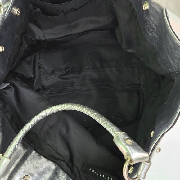 Attention Black Silver Convertible Designer Inspired Large Tote Bag - Picture 7 of 10